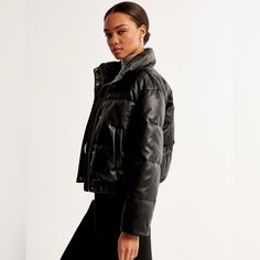 New: The A&F Ultra Collection Vegan Leather Puffer Jacket Black In Large Black Puffer Jacket With Padded Collar For Fall, Black Puffer Jacket With Padded Collar For Work, Black Workwear Puffer Jacket With Padded Collar, Black Fall Puffer Jacket With Padded Collar, Chic Puffer Outerwear For Fall, Chic Fall Puffer Outerwear, Fall Leather Jacket With Padded Collar, Fall Leather Jacket With Padded Collar For Cold Weather, Chic Puffer Jacket For Workwear In Fall