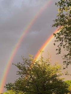 two rainbows are seen in the sky above some trees