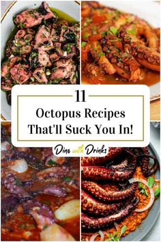 Collage of 4 octopus recipes. Recipes For Octopus, Cooking Octopus Recipes, Instant Pot Octopus Recipes, Boiled Octopus Recipes, Best Octopus Recipes, Octopus Recipes Air Fryer, Frozen Octopus Recipe, Braised Octopus Recipes, Octopus Dinner Recipe