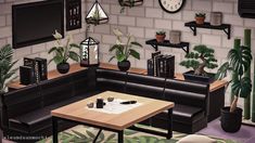 a living room filled with black furniture and lots of potted plants on the wall