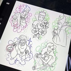 some disney princesses are drawn on paper with colored pencils and marker pens in front of them