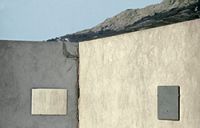 a bird is perched on the side of a building with two square windows and a mountain in the background