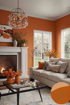 a living room with an orange wall and white fireplace in the center, surrounded by furniture