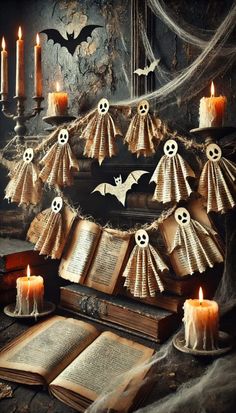 halloween decorations made out of books and candles