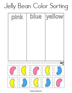 the jelly bean color sorting worksheet is shown in pink, blue and yellow