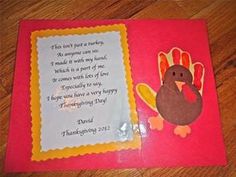 a handmade thanksgiving card with a turkey on it's side and a poem written in the middle