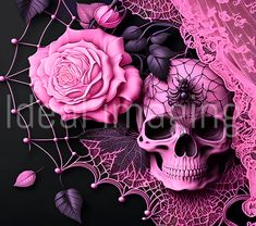 a pink skull with roses and leaves on it's head is surrounded by lace