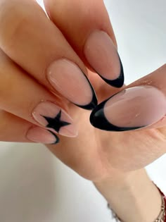 navy blue french with a star Star Nails Design Simple, Black Star French Tip Nails, Black Star Almond Nails, Black French Tip Nails With Star, Nail Inspo Almond Navy Blue, Simple Nails Navy Blue, Black French Tip Star Nails, Black Nail Designs Almond Shape, Navy Blue Nails Almond Shape