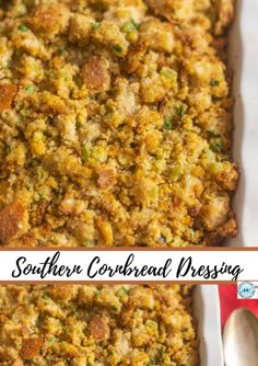 this is a casserole dish with stuffing in it and the words southern cornbread dressing