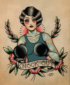 a woman with tattoos on her arm holding two boxing gloves and an inscription that says knock out