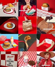 a collage of photos with food and people in red outfits, including hamburgers