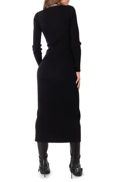 Cozy up in a ribbed sweater-dress that's knit to fit and fastened with top-to-bottom buttons that let you dial the drama up or down. V-neck Long sleeves 45% polyester, 45% rayon, 10% spandex Machine wash, tumble dry Imported Ribbed Turtleneck Midi Dress For Fall, Fall Turtleneck Ribbed Midi Dress, Fall Ribbed Turtleneck Midi Dress, Black Turtleneck Bodycon Dress For Winter, Winter Ribbed Stretch Midi Dress, Ribbed Stretch Midi Dress For Winter, Winter Fitted Dress With Ribbed Neckline, Fall Ribbed Bodycon Midi Dress, Winter Ribbed Turtleneck Midi Dress