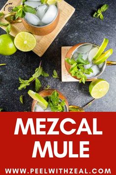 two glasses filled with ice and limes on top of a black counter next to a cutting board