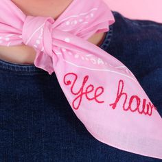 Brighten up your day with this pretty in pink screen printed bandana. The bandana features alternating smiley faces, polka dots, and disco balls. A go-to accessory, this product is perfect for your hair, your bag, and anything in-between. This product is customizable. Add your name or favorite word! Screen printed and made in the USA This 21 x 21 inch screen printed bandana is 100% cotton. Bandana comes with backing under custom embroidery. Send through the wash to dissolve backing and to make y Cowgirl Crafts, Embroidered Bandana, Pink Screen, Custom Bandana, Pink Beret, Printed Bandana, Preppy Western, Hat Bar, Pink Disco