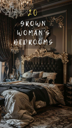 a bedroom with a bed and chandelier in the corner, text reads grown woman's bedroom