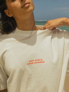 Hot girls love sharks.. you didn't know?! Meant to be worn oversized for that comfortable fit or as a beach cover up. Off-white color. Made of 100% USA cotton. This short sleeve tee is washed with natural enzymes, resulting in a broken-in feel. Its special features include its heavy and sturdy feel and combined with a Shark Tee, Shooting Photo, Girls Love, Perfect Style, Cute Fits, Sharks, Fashion Inspo Outfits, Special Features, White Color