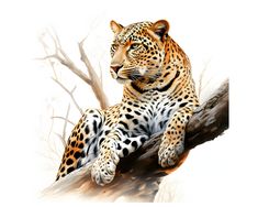 a painting of a leopard resting on a tree branch