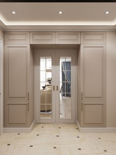 an open door leading into a bedroom with beige walls and floor tiles on the floor