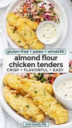 two plates with chicken tenders, coleslaw and salad on the side text reads gluten - free pale + whole