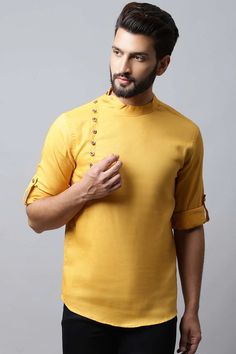 Casual Long Sleeve Yellow Kurta, Casual Yellow Long Sleeve Kurta, Yellow Men Outfit, Kurta Men, Short Kurta, Men's Ethnic Wear, Nehru Jackets, Cotton Kurta, Yellow Fabric