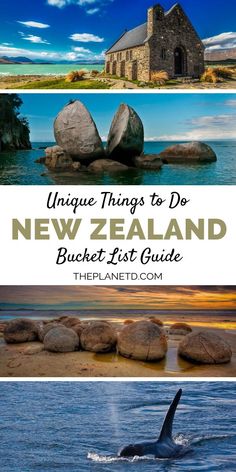 the new zealand bucket list with an image of a whale and some rocks in the water