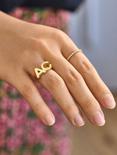 Create a sentimental staple for your everyday ring stack with the 18K Gold Double Initial Custom Block Ring. Your initials, or the initials of you and a loved one, will be added onto this ring in a bold, raised-block font. The entire ring will be crafted out of 18K gold plated sterling silver, so this statement piece will stay beautiful for years to come. Ups Shipping, Ring Styles, Baguette Ring, Everyday Ring, Opal Ring Gold, Stacking Ring Set, Jewels Rings, Linking Rings, Gold Ring Sets