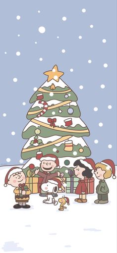 peanuts around the christmas tree with charlie brown and his friends in front of it, all dressed up