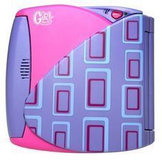 a pink and blue lighter with squares on it's side, in front of a white background