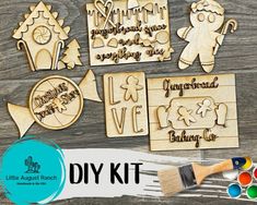 wooden cutouts and paint with the words diy kit on it, including an image of