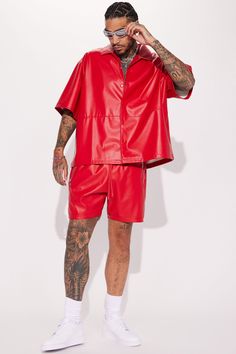 Model Height: 6'4 - Waist Size: 34 - Wearing Large Big & Tall: Height 6'5 - Waist Size: 42 - Wearing XXXL Available In Red. Elastic Waistband Waxed Drawstring Side Zipper Pockets Varsity Trim 100% Polyester Coated with PU Imported | Mens Slam Dunk Faux Leather Shorts in Red size 3XL by Fashion Nova Luxury Male Fashion, Red Clothes Men, Colorful Fashion Men, Leather Outfit Men, Red Outfit Men, Fashion Nova Men, Mens Designer Fashion