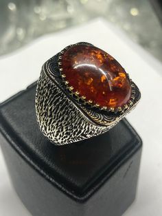 It is a carefully crafted product made of 925 sterling silver. Amber Ring For Men, Luxury Amber Sterling Silver Rings, Antique Sterling Silver Ring With Large Stone, Luxury Handmade Amber Rings, Amber Stone, Clothes Closet, Amber Jewelry, Men's Ring, Men's Jewelry