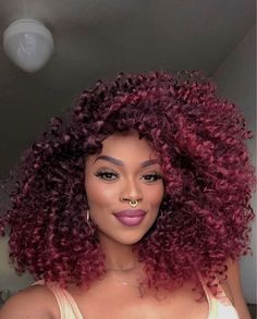 Red And Black Curly Hair Black Women, Plum Curly Hair, Cherry Red Curly Hair, Dark Cherry Hair Color, Magenta Highlights, Dark Burgundy Hair Color, Red Hair Tips, Red Hair Looks