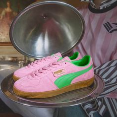 Womens PUMA Palermo Athletic Shoe - Pink Delight / Green / Gum | Journeys Green And Pink Shoes, Puma Palermo Outfit Women, Pink And Green Shoes, Cool Sneakers Women, Palermo Puma, Puma Green Sneakers, Pink Puma Shoes, Pink Puma Sneakers