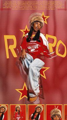 a woman sitting on top of a red poster