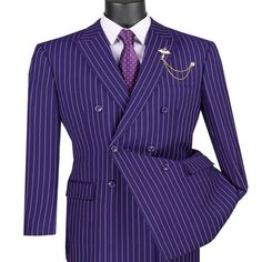 1920s Mens Suit - 1920s Mens Outfit - 1920s Costume Bold Pinstripe Wide Suit In Purple This Classic Double Breasted Suit Features A Wide Bold Pinstripe, Peak Lapel, Side Vents, And Matching Pleated Pants. This Is The Perfect Suit For Any Flapper, 1920's, 1930's, Party, Swing Dance, Or Costume Party. The Suit Is Construction In A Very High Quality Fabric. Formal Striped Fitted Three-piece Suit, Striped Fitted Three-piece Suit For Formal Occasions, Fitted Striped Three-piece Suit For Formal Occasions, Classic Striped Formal Sets, Fitted Striped Double Breasted Suit For Semi-formal Occasions, Semi-formal Striped Double Breasted Suit, Classic Fitted Pinstripe Double Breasted Suit, Fitted Pinstripe Three-piece Suit For Semi-formal Occasions, Classic Fitted Pinstripe Sets