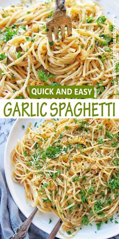 garlic spaghetti on a white plate with parsley in the middle and an image of a fork stuck into it