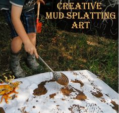 a young boy is using a grater to spread mud on the ground with his hands