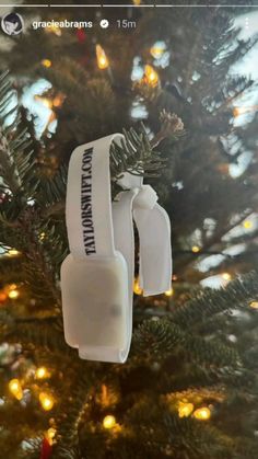 an ornament hanging from the top of a christmas tree