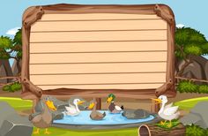 ducks and ducks in front of a wooden sign