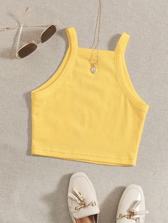 Yellow Casual Collar  Knitted Fabric Plain Cami Embellished Slight Stretch Summer Women Clothing Marvel Dr, Nice Clothes, Simple Top, Hair Band For Girl, Drop Shoulder Sweaters, Cropped Cami, Cami Crop Top, Casual Sets, Inspiration Mode