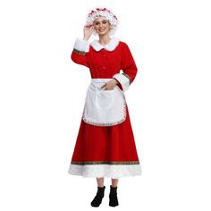 PRICES MAY VARY. Material: Polyester. Zipper Closure, Dry Clean Only. 5 Pieces Mrs Claus Costume Outfit Included: Santa dress with back zipper, Red hat with lace trim with elastic, White satin lace trim apron with pockets, White wig, Glasses. Suitable Occasion: Christmas, Thanksgiving, Xmas Celebrations, New Years, Home, Party, Dinner, Holiday, Easter, Family Gathering, Wedding, Cosplay etc. More Sizes for Most Adults: This Christmas dress comes in 6 sizes, S/M/L/XL/XXL/3XL. It can meet the need Santa Clause Dress, Mrs Claus Costume, Mrs Claus Outfit, Dress Christmas Outfit, White Wig, Santa Claus Costume, Santa Dress, Costume For Women, Santa Suits