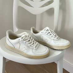 Selling Gently Worn Veja Women’s V-12 Sneakers In Size Us 6. Only Worn A Few Times. Soles Are Starting To Discolor (See Photos). Sneakers Run Large. No Box. White Flat Heel Everyday Sneakers, White Flat Heel Sneakers For Everyday, Everyday Sneakers With Perforations And Round Toe, Veja Women, Shoes Veja, Veja Shoes, Womens Shoes Sneakers, Shoes Sneakers, Color White