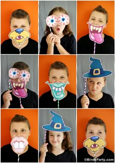 a collage of pictures with different faces and hats on them, including a boy wearing a witch's hat