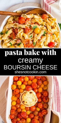 Boursin cheese pasta in a white bowl with a wooden spoon. Boursin Cheese Pasta, Baked Boursin, Cheese Pasta Bake, Roasted Grape Tomatoes