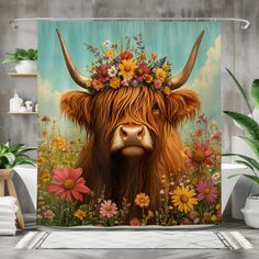 a shower curtain with a painting of a cow wearing a flower crown on it's head