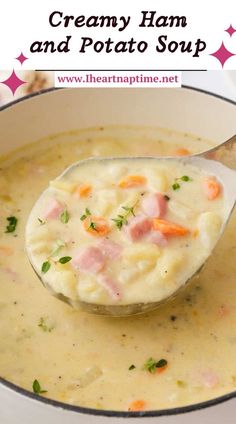 creamy ham and potato soup in a white bowl with a spoon