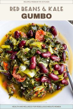 This Cajun-inspired Kale and Red Bean Gumbo is a major cheaty-cheat departure from tradition gumbos with just a few simple vegetables, herbs and spices and a canned red beans. No babysitting pots over a hot stove, just a quicky, satisfying meal with a kick-in-the-britches explosion of flavor and nutritional benefits. Splash on your favorite hot sauce if you like your gumbo with a side of sweat! Red Bean Gumbo, Bean Gumbo, Vegetarian One Pot Meals, Healthy Stew Recipes, Beans And Kale, Diet Soup Recipes, Can Of Beans, Meatless Dinner, Creole Recipes