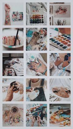 a collage of photos showing different types of art supplies and hands holding paintbrushes