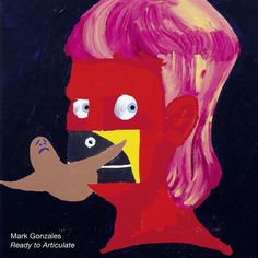 a painting of a man with pink hair and blue eyes holding a bird in his hand