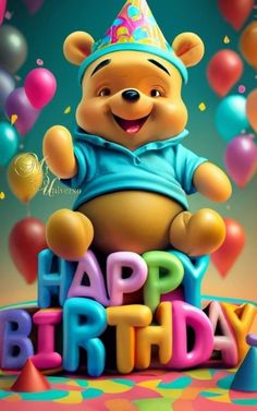 winnie the pooh birthday card with balloons and confetti in the air,